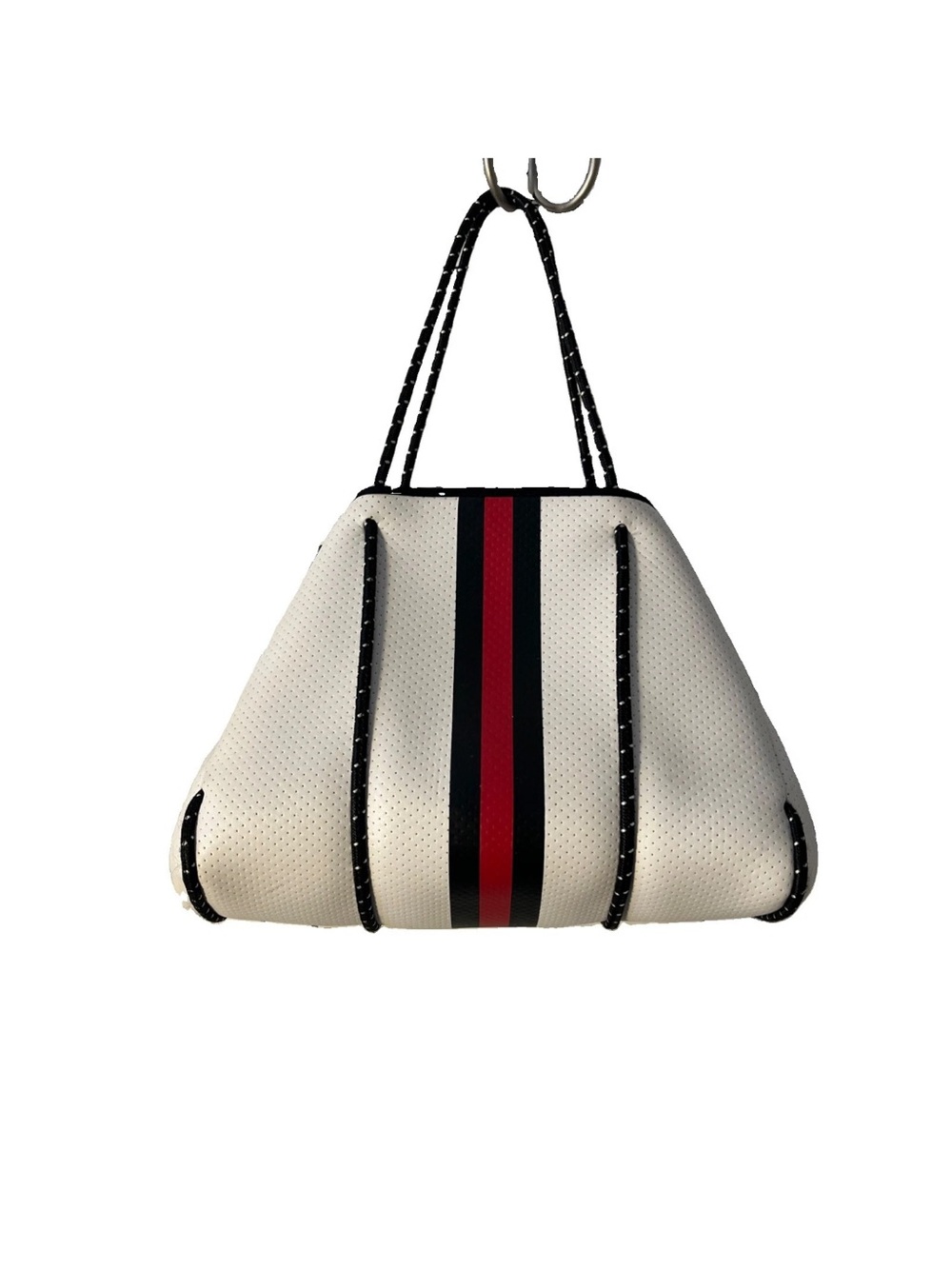 HAUTE SHORE White Neoprene Tote with Red & Black Center Stripes Sz L